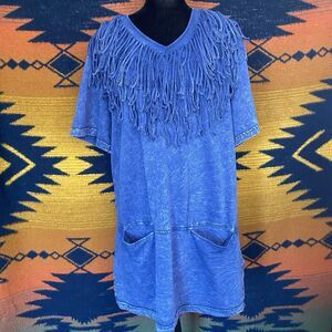 Y2K NWT Crystal Brand Blue Fringe Tunic Dress. Pockets. Size Large. V Neck.